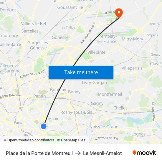 Place de la Porte de Montreuil to Le Mesnil-Amelot map
