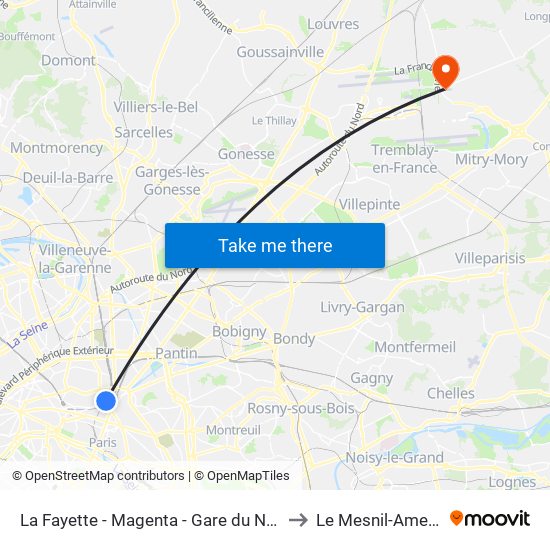 La Fayette - Magenta - Gare du Nord to Le Mesnil-Amelot map