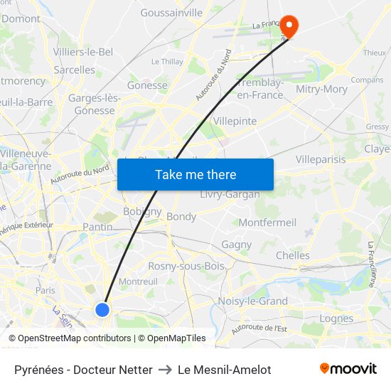 Pyrénées - Docteur Netter to Le Mesnil-Amelot map