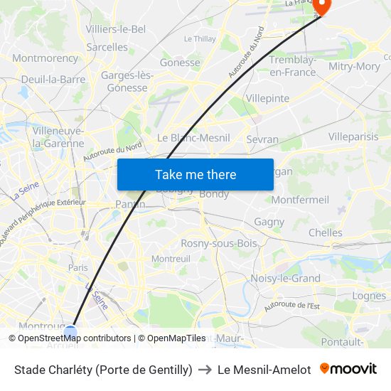 Stade Charléty (Porte de Gentilly) to Le Mesnil-Amelot map