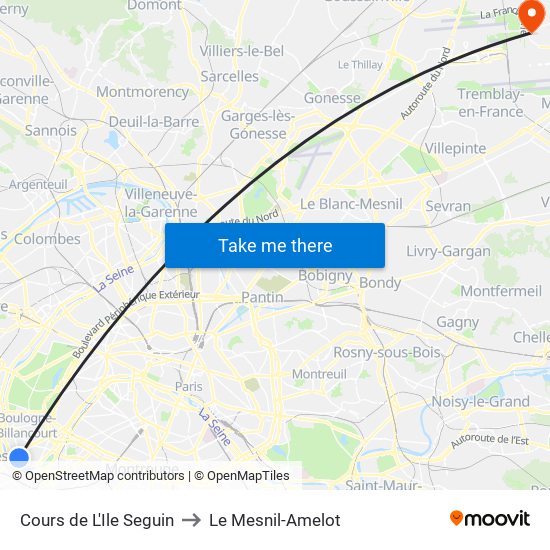 Cours de L'Ile Seguin to Le Mesnil-Amelot map