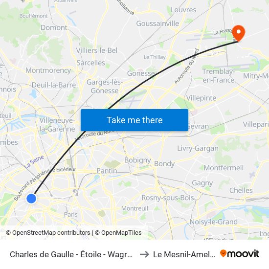 Charles de Gaulle - Étoile - Wagram to Le Mesnil-Amelot map