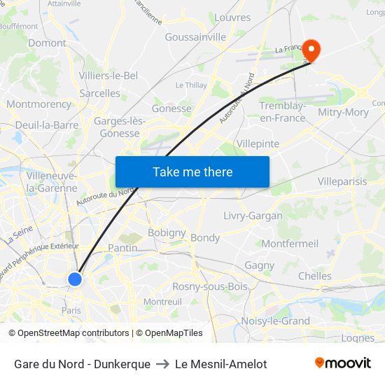 Gare du Nord - Dunkerque to Le Mesnil-Amelot map