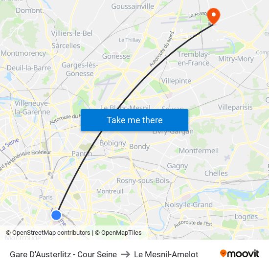 Gare D'Austerlitz - Cour Seine to Le Mesnil-Amelot map