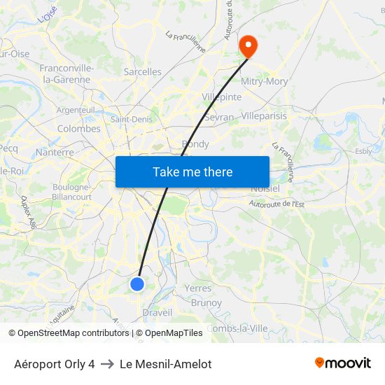 Aéroport Orly 4 to Le Mesnil-Amelot map