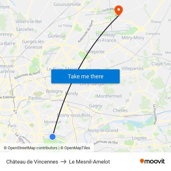 Château de Vincennes to Le Mesnil-Amelot map