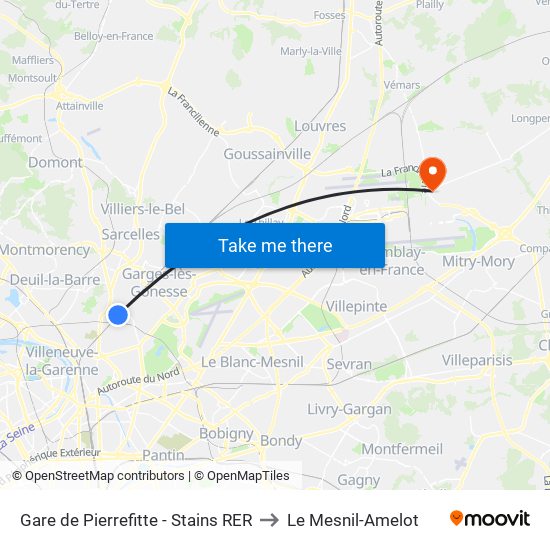 Gare de Pierrefitte - Stains RER to Le Mesnil-Amelot map