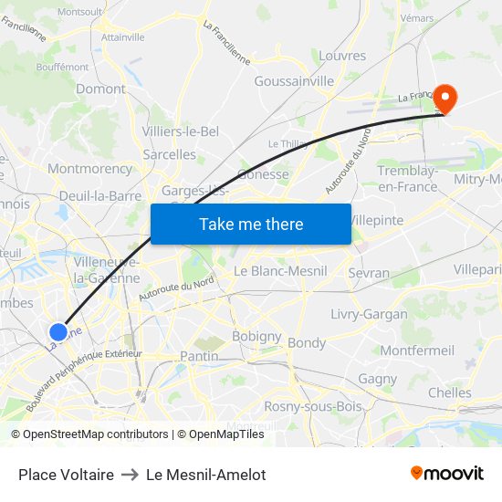 Place Voltaire to Le Mesnil-Amelot map