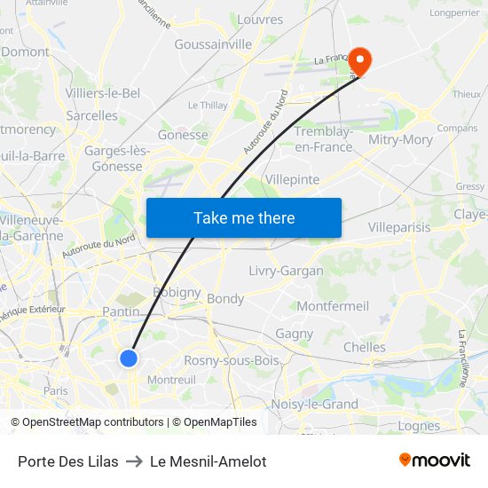 Porte Des Lilas to Le Mesnil-Amelot map