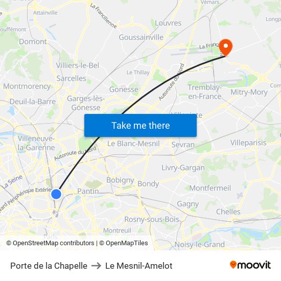 Porte de la Chapelle to Le Mesnil-Amelot map