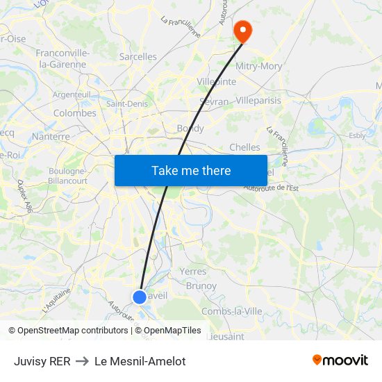 Juvisy RER to Le Mesnil-Amelot map