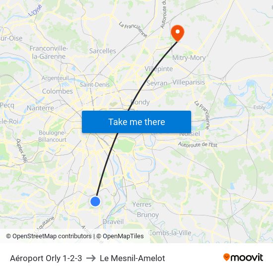 Aéroport Orly 1-2-3 to Le Mesnil-Amelot map