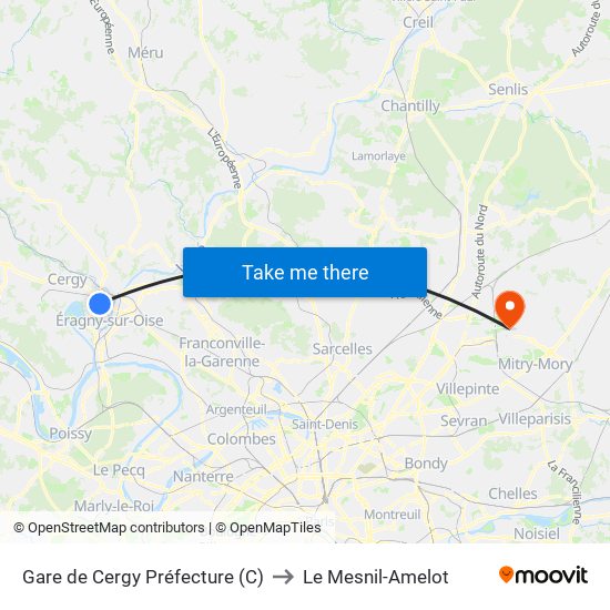 Gare de Cergy Préfecture (C) to Le Mesnil-Amelot map