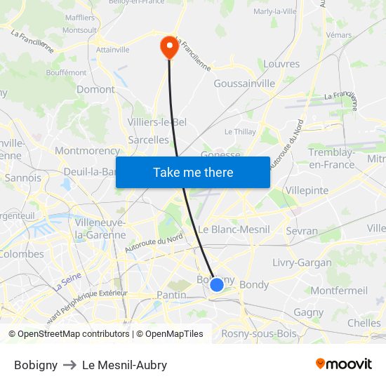 Bobigny to Le Mesnil-Aubry map