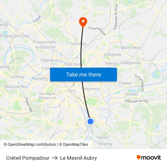 Créteil Pompadour to Le Mesnil-Aubry map