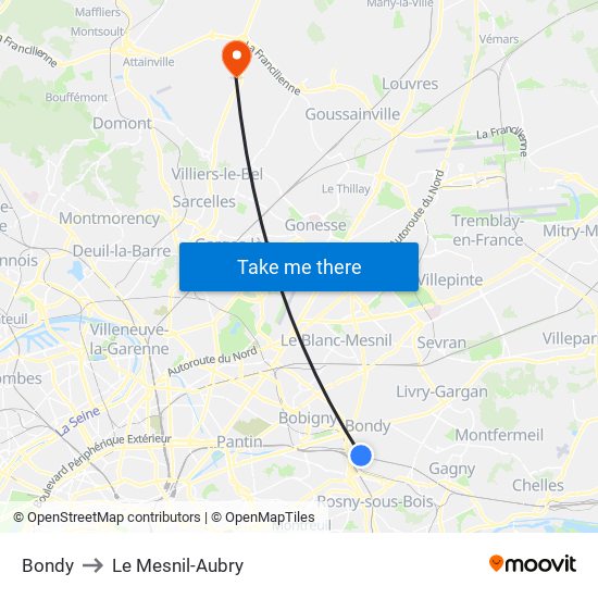 Bondy to Le Mesnil-Aubry map