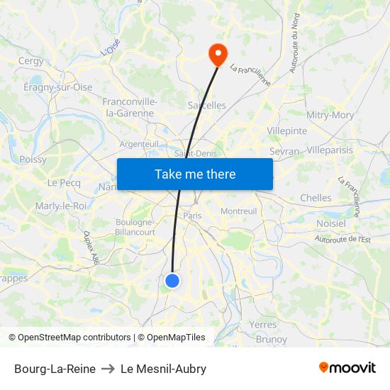 Bourg-La-Reine to Le Mesnil-Aubry map