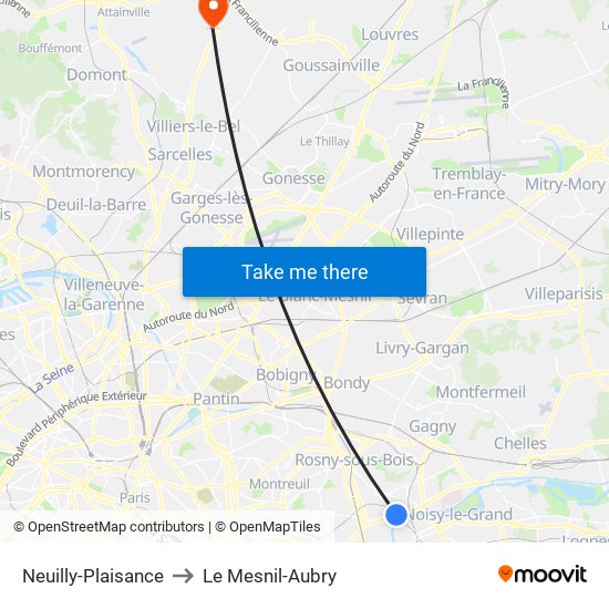 Neuilly-Plaisance to Le Mesnil-Aubry map