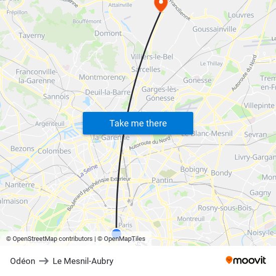 Odéon to Le Mesnil-Aubry map