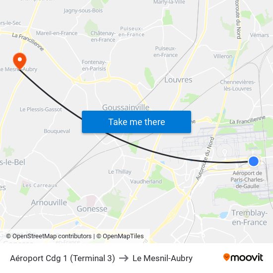 Aéroport Cdg 1 (Terminal 3) to Le Mesnil-Aubry map