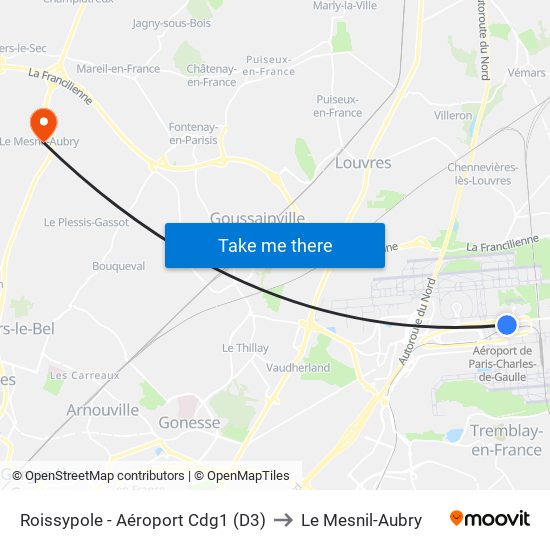 Roissypole - Aéroport Cdg1 (D3) to Le Mesnil-Aubry map