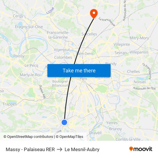 Massy - Palaiseau RER to Le Mesnil-Aubry map