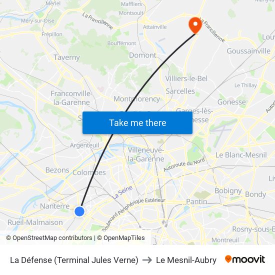 La Défense (Terminal Jules Verne) to Le Mesnil-Aubry map