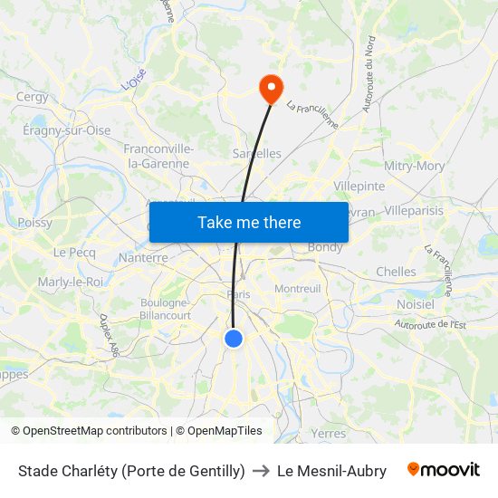 Stade Charléty (Porte de Gentilly) to Le Mesnil-Aubry map