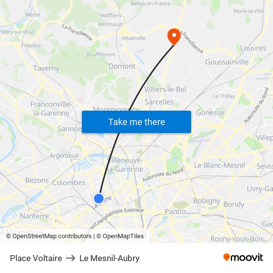 Place Voltaire to Le Mesnil-Aubry map