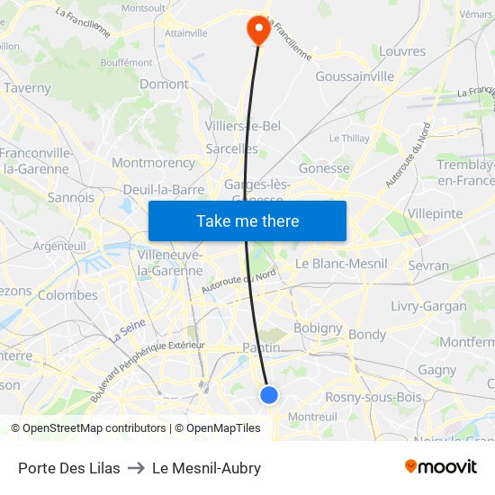 Porte Des Lilas to Le Mesnil-Aubry map