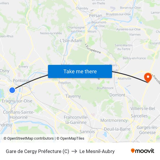 Gare de Cergy Préfecture (C) to Le Mesnil-Aubry map