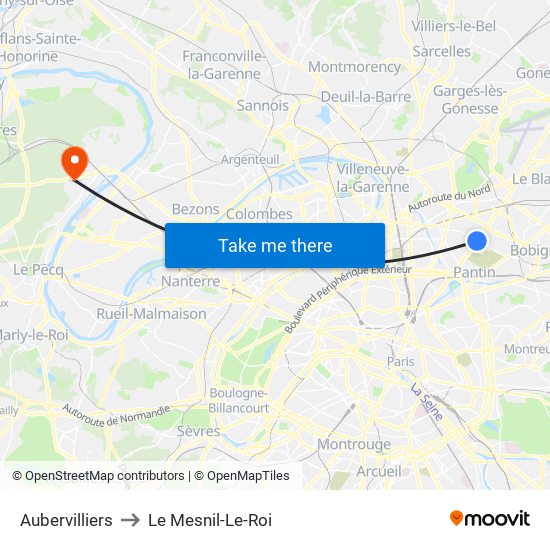 Aubervilliers to Le Mesnil-Le-Roi map