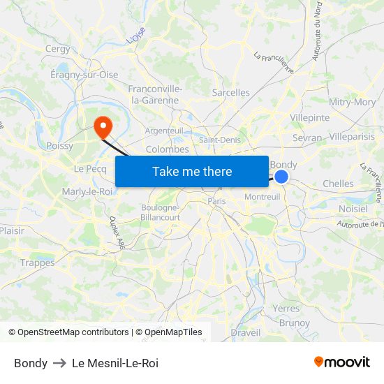 Bondy to Le Mesnil-Le-Roi map