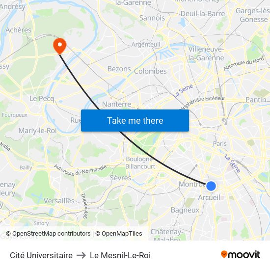 Cité Universitaire to Le Mesnil-Le-Roi map