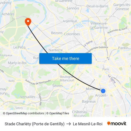 Stade Charléty (Porte de Gentilly) to Le Mesnil-Le-Roi map