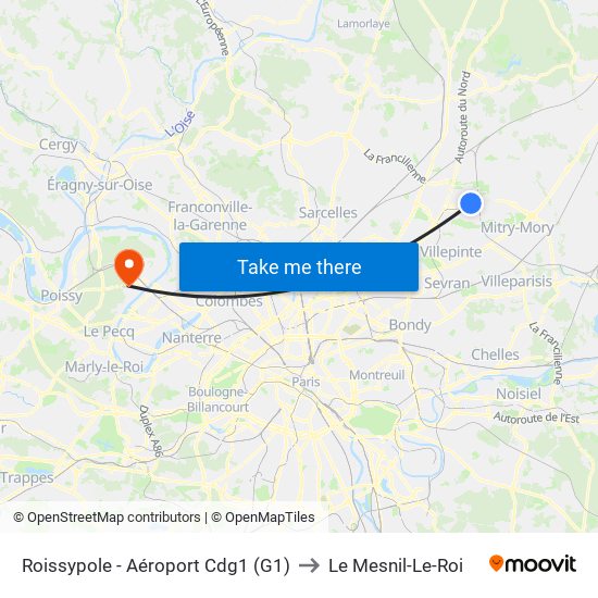 Roissypole - Aéroport Cdg1 (G1) to Le Mesnil-Le-Roi map