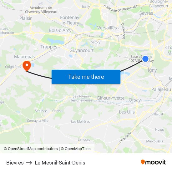 Bievres to Le Mesnil-Saint-Denis map