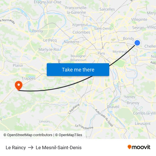 Le Raincy to Le Mesnil-Saint-Denis map