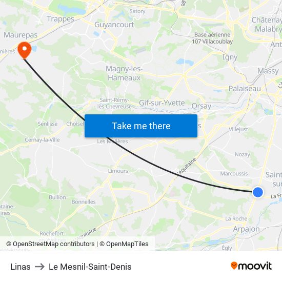 Linas to Le Mesnil-Saint-Denis map