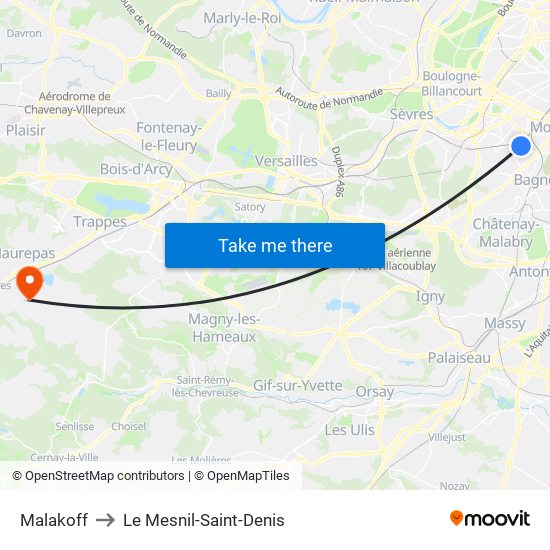 Malakoff to Le Mesnil-Saint-Denis map