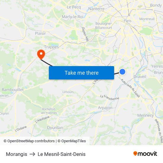Morangis to Le Mesnil-Saint-Denis map
