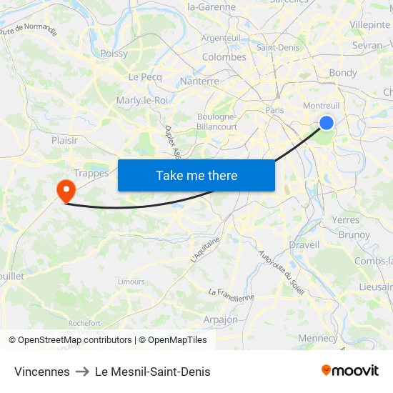 Vincennes to Le Mesnil-Saint-Denis map