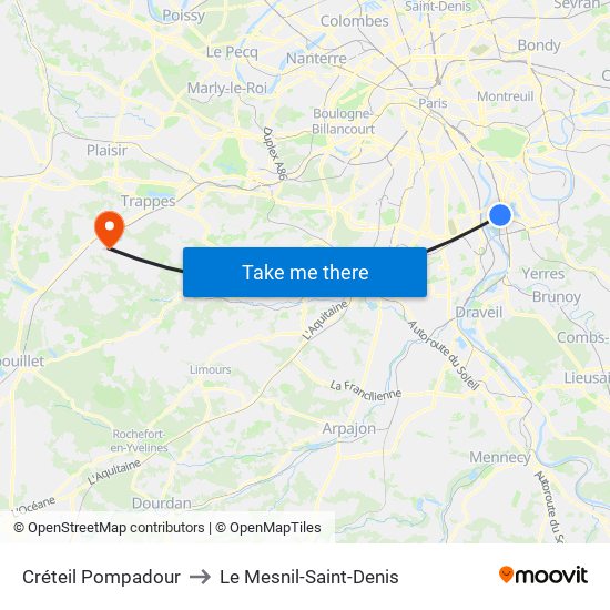 Créteil Pompadour to Le Mesnil-Saint-Denis map