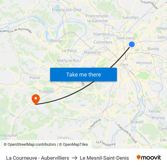 La Courneuve - Aubervilliers to Le Mesnil-Saint-Denis map