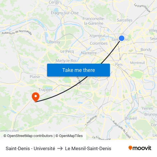 Saint-Denis - Université to Le Mesnil-Saint-Denis map