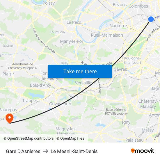 Gare D'Asnieres to Le Mesnil-Saint-Denis map