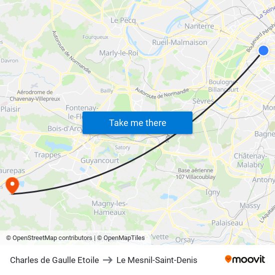 Charles de Gaulle Etoile to Le Mesnil-Saint-Denis map