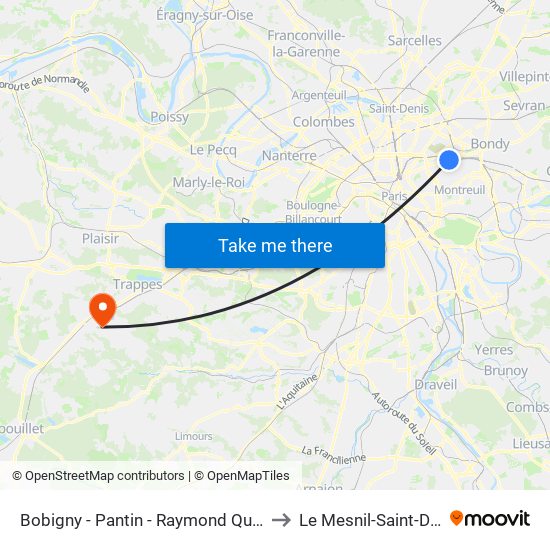 Bobigny - Pantin - Raymond Queneau to Le Mesnil-Saint-Denis map