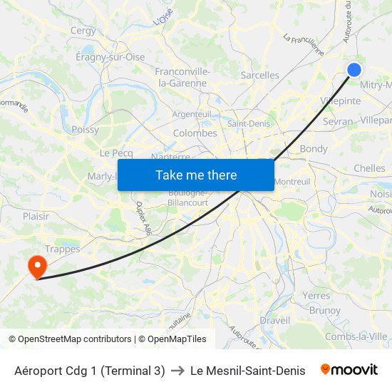 Aéroport Cdg 1 (Terminal 3) to Le Mesnil-Saint-Denis map