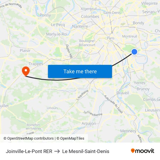 Joinville-Le-Pont RER to Le Mesnil-Saint-Denis map